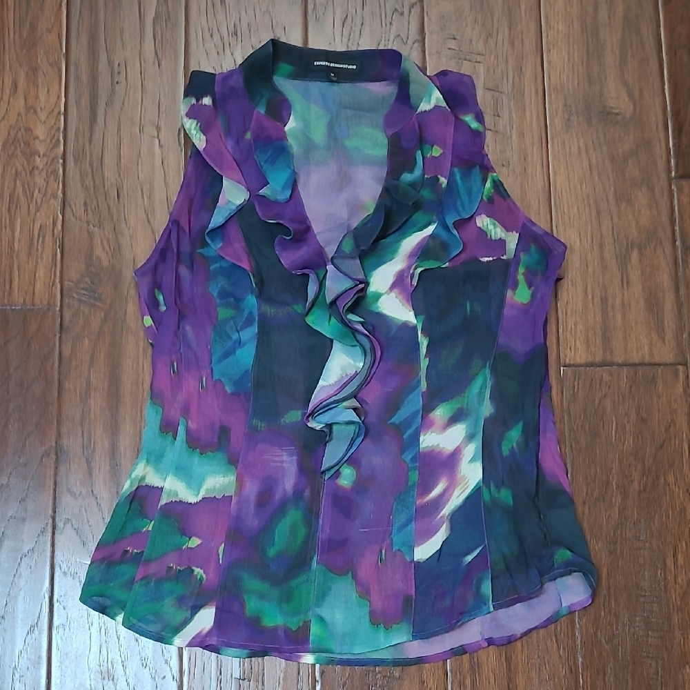Express Design Studio Sleeveless Purple, Black & Green Sheer Ruffled Blouse (M)